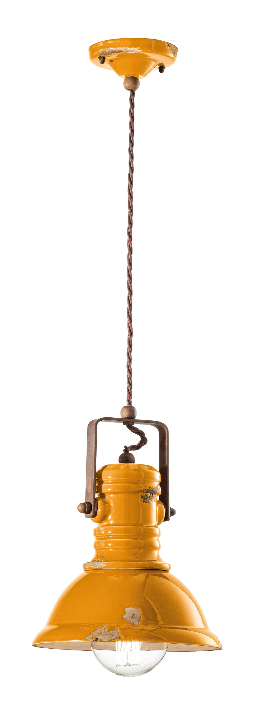 Suspension Industrial cloche en céramique émaillée et métal vieilli par Ferroluce Suspension Industrial cloche en céramique émaillée et métal vieilli par Ferroluce