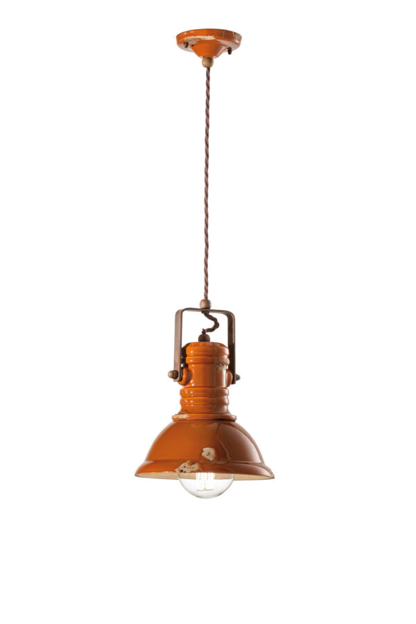 Suspension Industrial cloche en céramique émaillée et métal vieilli par Ferroluce