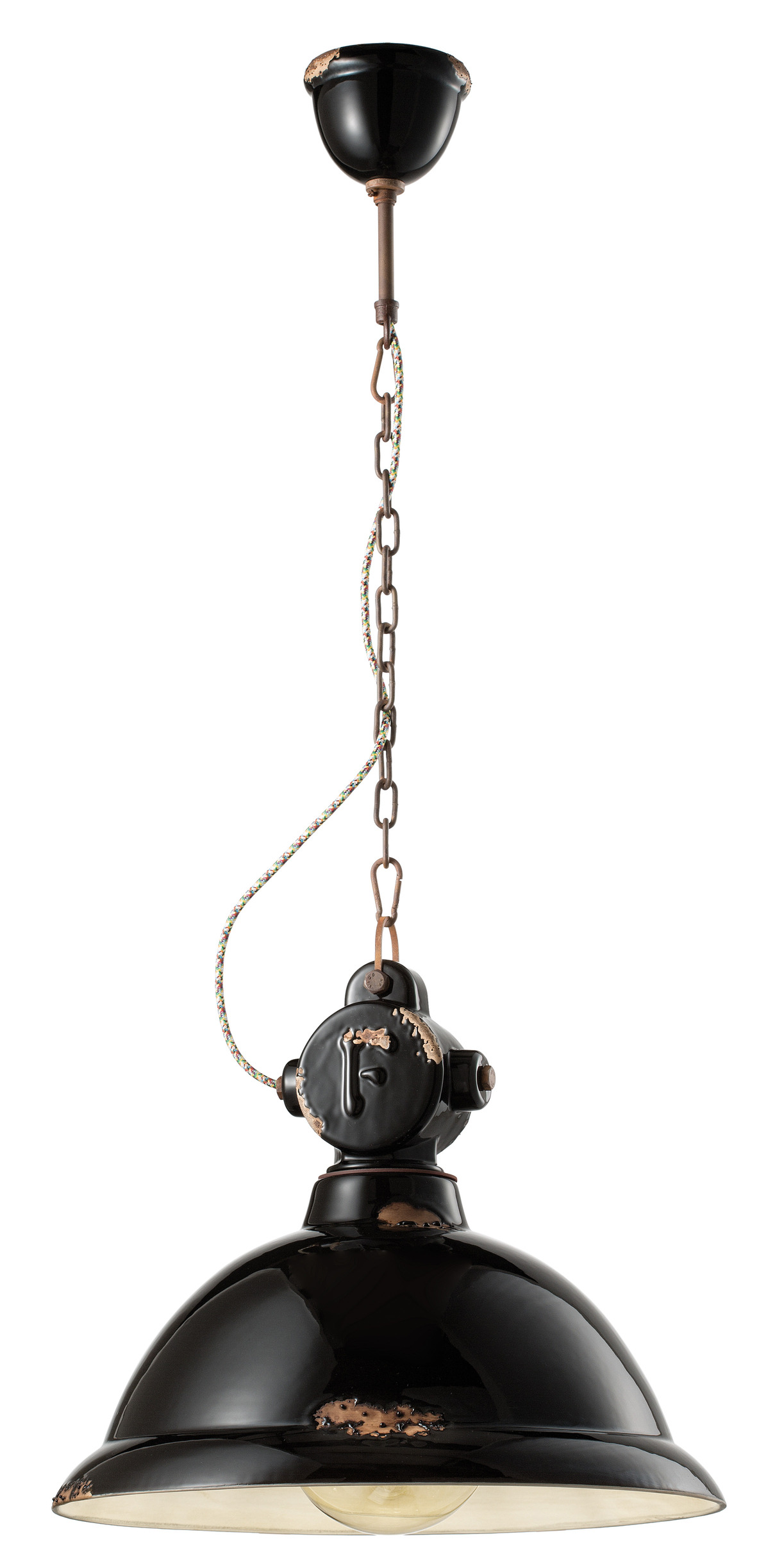 Suspension Industrial en céramique émaillée et maillons de métal vieilli style atelier par Ferroluce