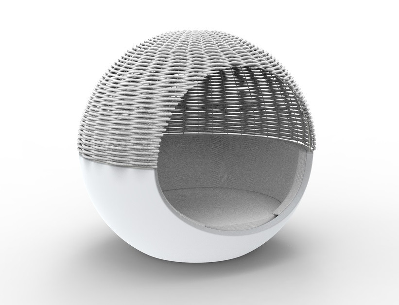 Lit de jardin Ulm Moon avec parasol en corde tressée au design contemporain par Ramón Esteve x Vondom Lit de jardin Ulm Moon avec parasol en corde tressée au design contemporain par Ramón Esteve x Vondom