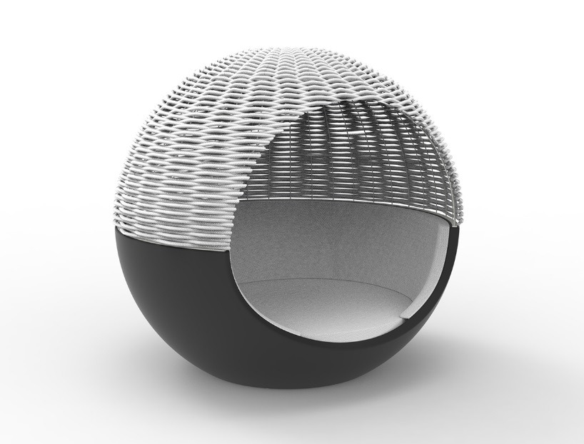 Lit de jardin Ulm Moon avec parasol en corde tressée au design contemporain par Ramón Esteve x Vondom Lit de jardin Ulm Moon avec parasol en corde tressée au design contemporain par Ramón Esteve x Vondom