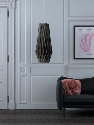 Suspension Signature élancée en métal et abat-jour en contreplaqué de bouleau au design contemporain par Pilke Lights Suspension Signature élancée en métal et abat-jour en contreplaqué de bouleau au design contemporain par Pilke Lights