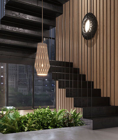 Suspension Signature élancée en métal et abat-jour en contreplaqué de bouleau au design contemporain par Pilke Lights Suspension Signature élancée en métal et abat-jour en contreplaqué de bouleau au design contemporain par Pilke Lights