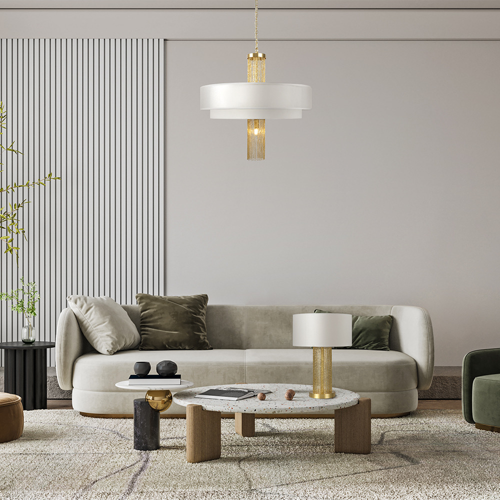 Suspension Impressive base en acier inoxydable avec abat-jour en tissu blanc au design contemporain par Maytoni Suspension Impressive base en acier inoxydable avec abat-jour en tissu blanc au design contemporain par Maytoni