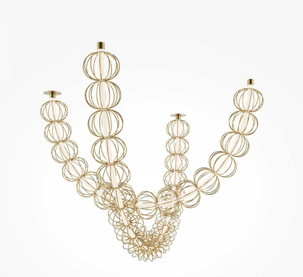 Plafonnier Golden Cage en métal avec diffuseur sphérique et décor en fil de fer au design contemporain par Maytoni Plafonnier Golden Cage en métal avec diffuseur sphérique et décor en fil de fer au design contemporain par Maytoni