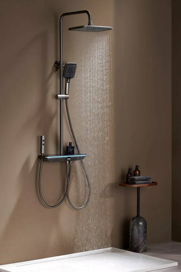Colonne de douche Lucas thermostatique à affichage LED avec tablette et 4 modes de sortie d'eau