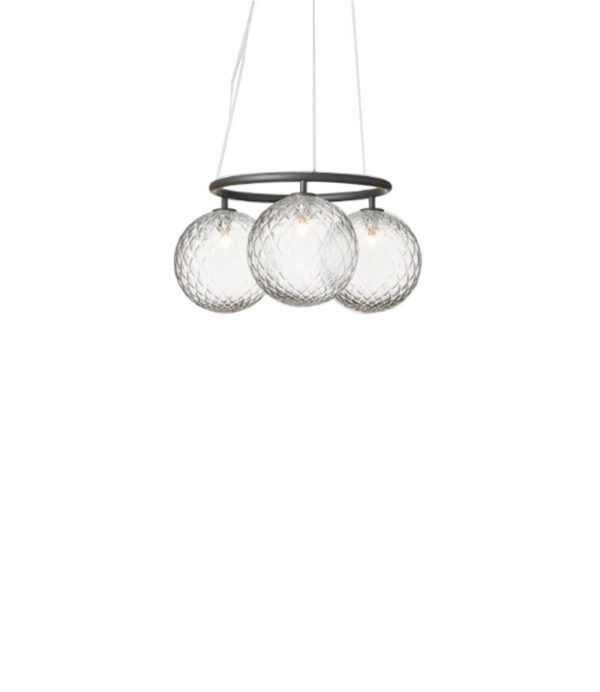 Suspension Miira circulaire base en métal avec abat-jour en verre Optic clear au design contemporain par Sofie Refer x Nuura
