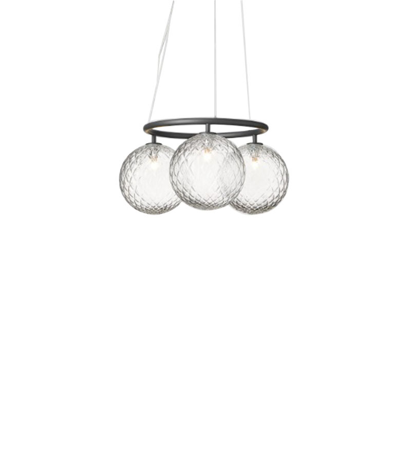 Suspension Miira circulaire base en métal avec abat-jour en verre Optic clear au design contemporain par Sofie Refer x Nuura