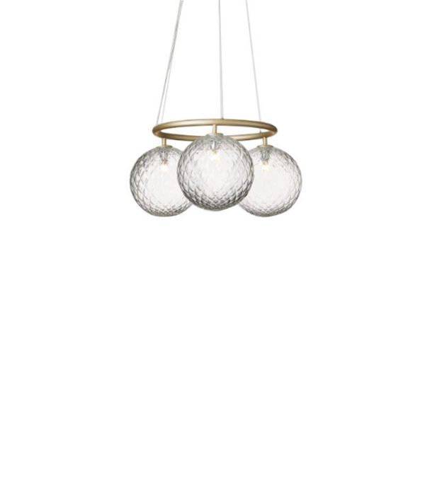 Suspension Miira circulaire base en métal avec abat-jour en verre Optic clear au design contemporain par Sofie Refer x Nuura