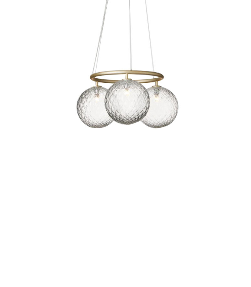 Suspension Miira circulaire base en métal avec abat-jour en verre Optic clear au design contemporain par Sofie Refer x Nuura