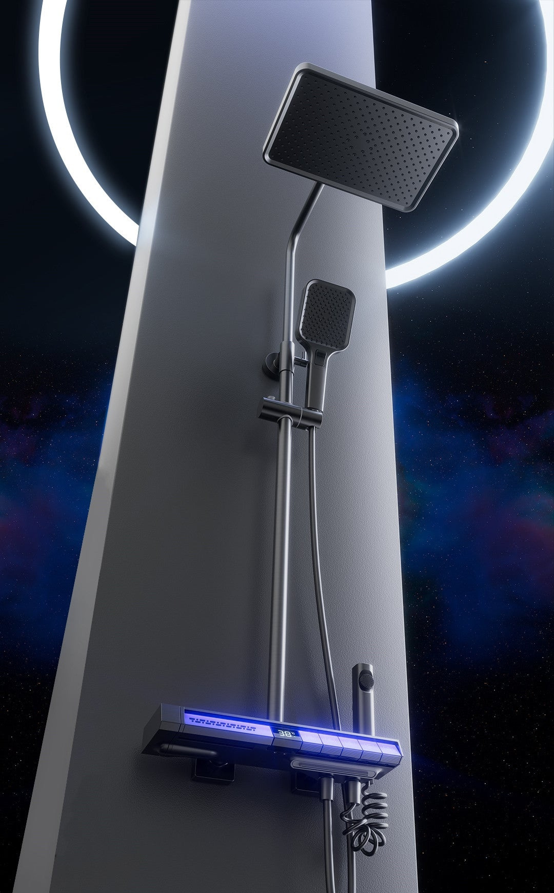 Colonne de douche Noha thermostatique à affichage LED avec tablette et 4 modes de sortie d'eau par Pavao studio Colonne de douche Noha thermostatique à affichage LED avec tablette et 4 modes de sortie d'eau par Pavao studio