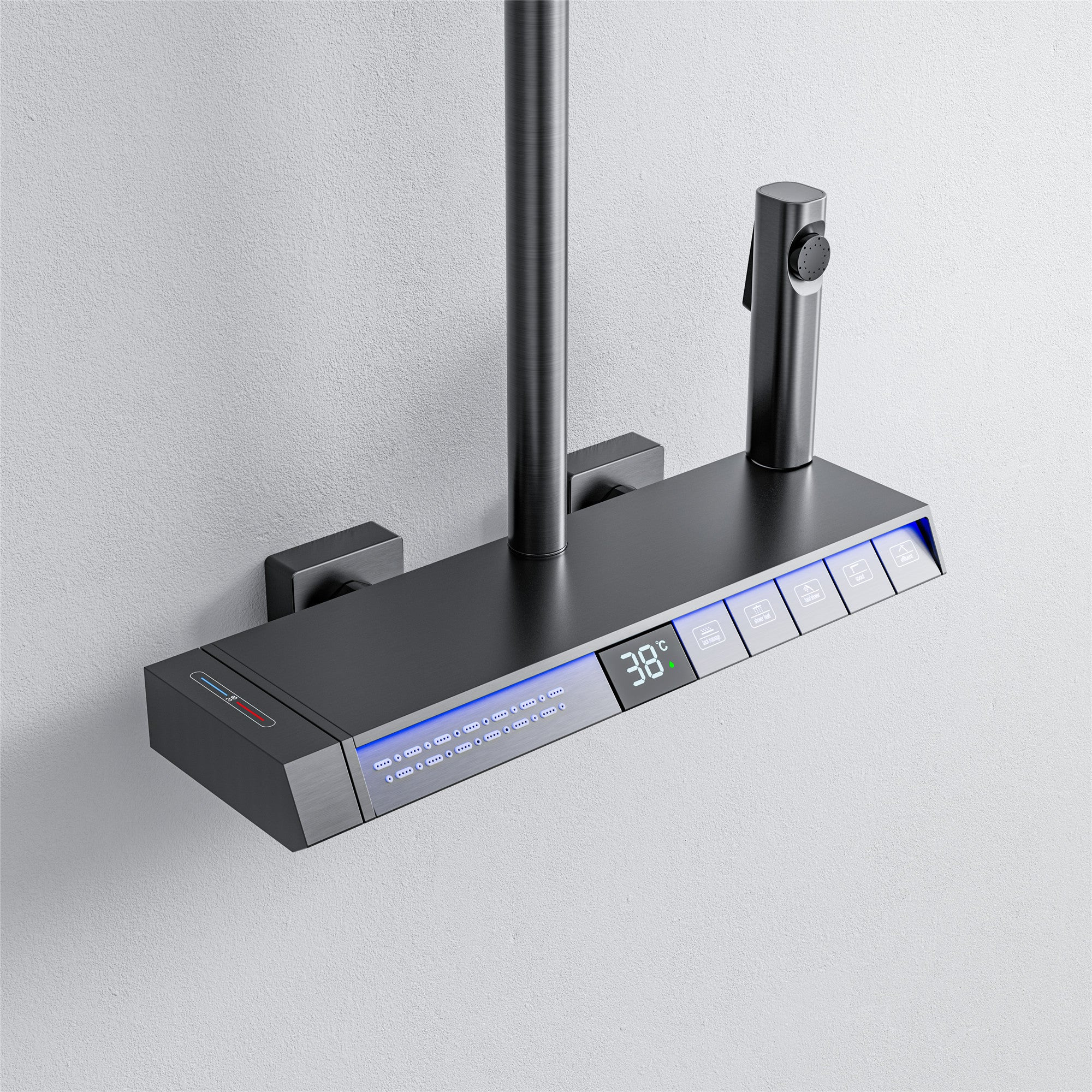 Colonne de douche Noha thermostatique à affichage LED avec tablette et 4 modes de sortie d'eau par Pavao studio Colonne de douche Noha thermostatique à affichage LED avec tablette et 4 modes de sortie d'eau par Pavao studio