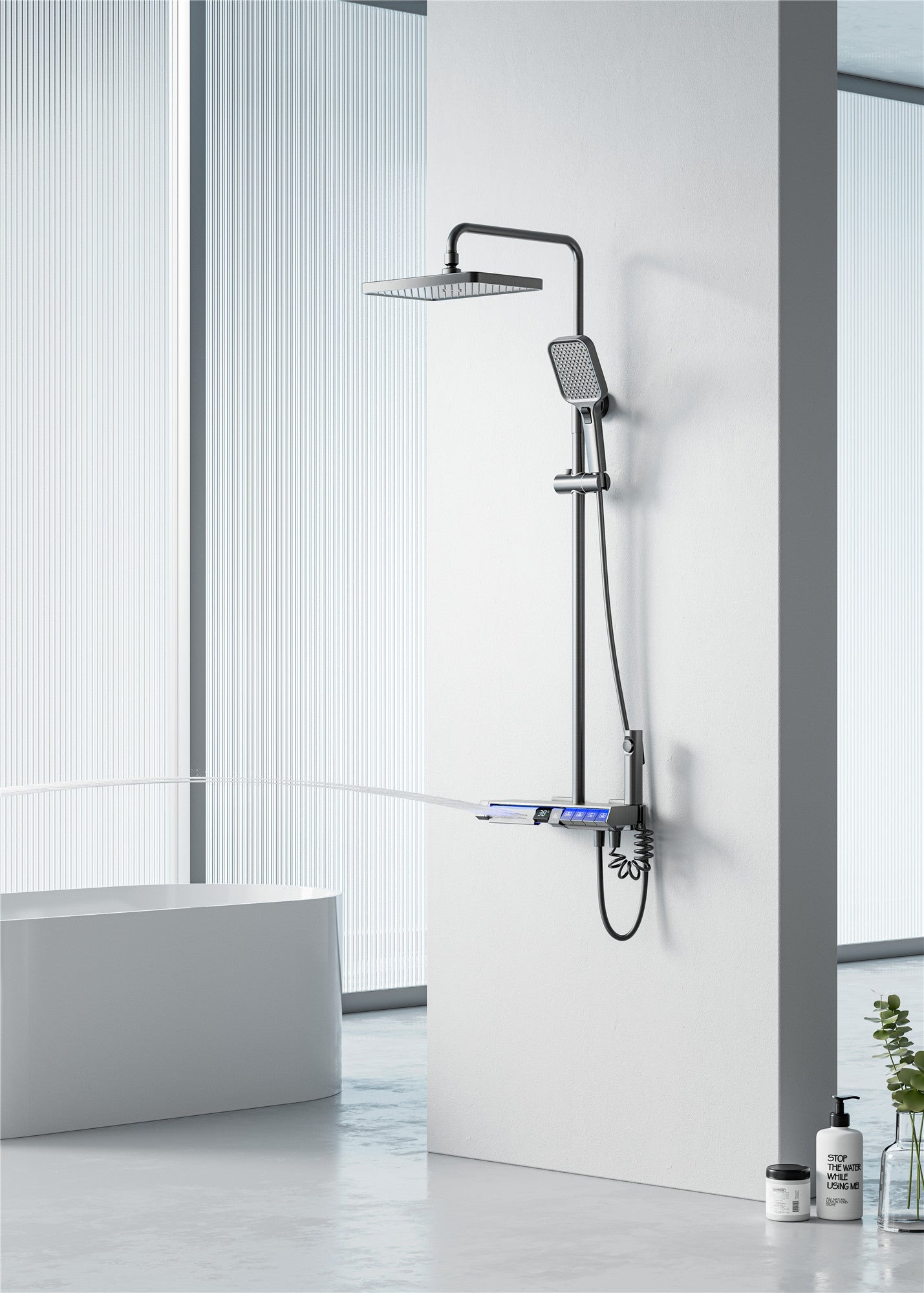 Colonne de douche Noha thermostatique à affichage LED avec tablette et 4 modes de sortie d'eau par Pavao studio Colonne de douche Noha thermostatique à affichage LED avec tablette et 4 modes de sortie d'eau par Pavao studio