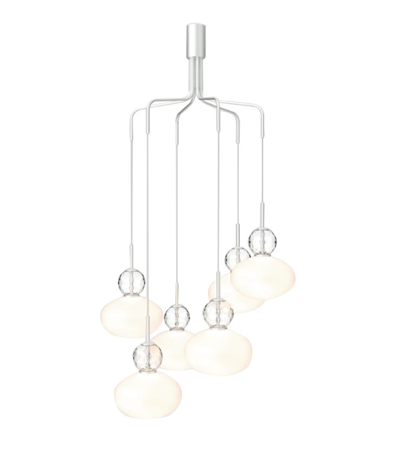 Suspension Rizzatto cluster 6 tiges en métal avec abat-jour en verre au design contemporain par Sofie Refer x Nuura