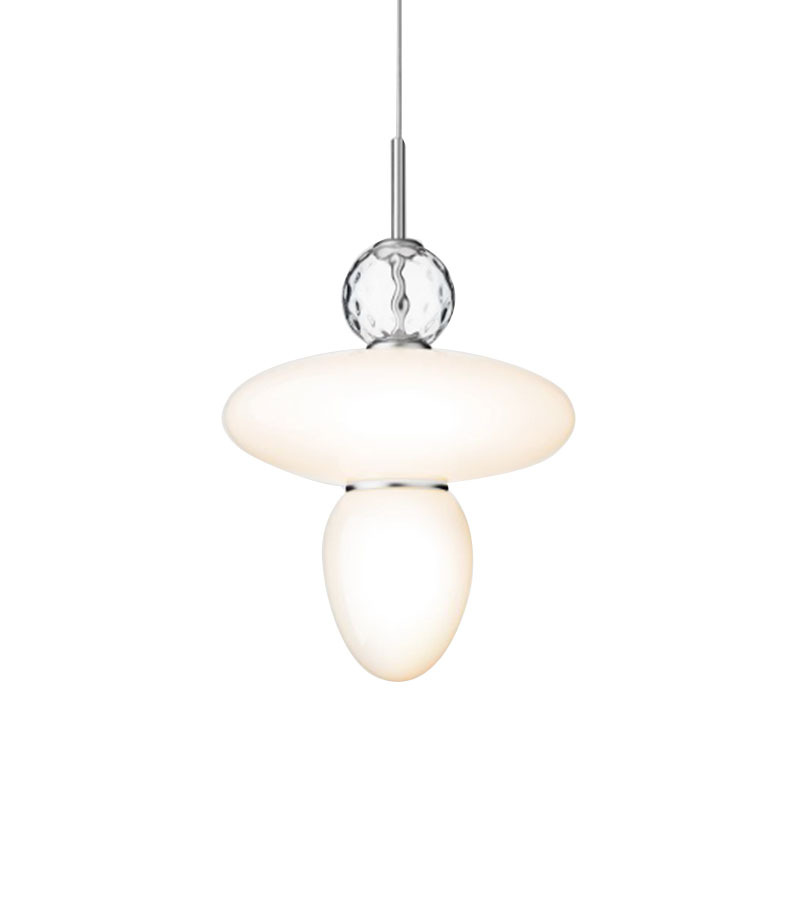 Suspension Rizzatto 43 base en métal avec abat-jour en verre Opal blanc au design contemporain par Paolo Rizzatto x Nuura