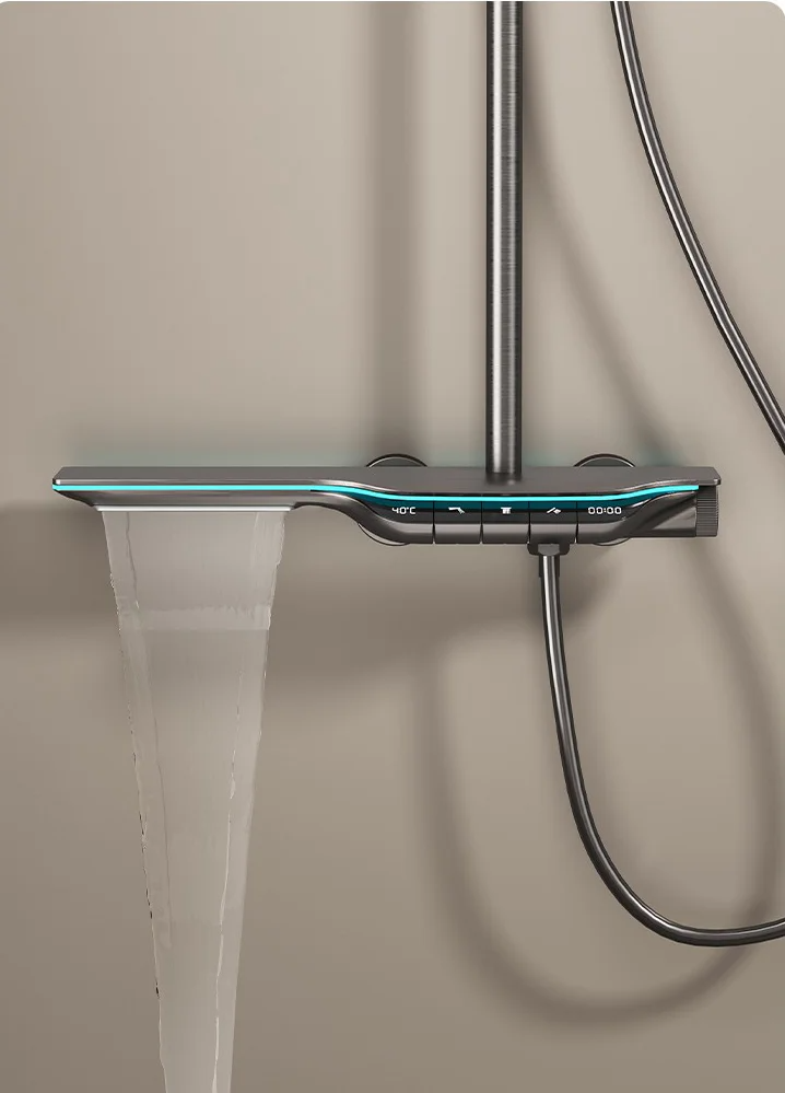 Colonne de douche Alicia thermostatique à affichage LED avec tablettes et 3 modes de sortie d'eau par Pavao Studio Colonne de douche Alicia thermostatique à affichage LED avec tablettes et 3 modes de sortie d'eau par Pavao Studio