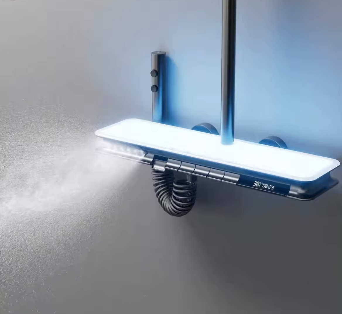 Colonne de douche Yuli avec tablette Full LED et 6 modes de sortie d'eau par Pavao Studio Colonne de douche Yuli avec tablette Full LED et 6 modes de sortie d'eau par Pavao Studio