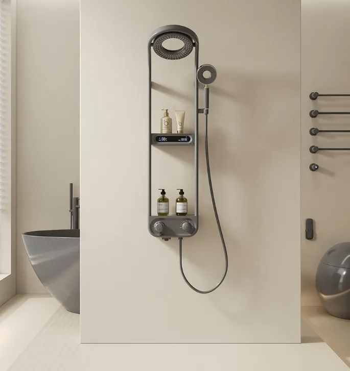 Colonne de douche Lexie thermostatique à affichage LED avec tablettes et 2 modes de sortie d'eau par Pavao Studio Colonne de douche Lexie thermostatique à affichage LED avec tablettes et 2 modes de sortie d'eau par Pavao Studio