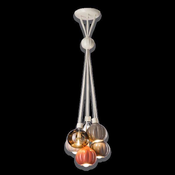 Suspension Afoxé avec 6 abat-jour en céramique et verre au design vintage par Ferroluce