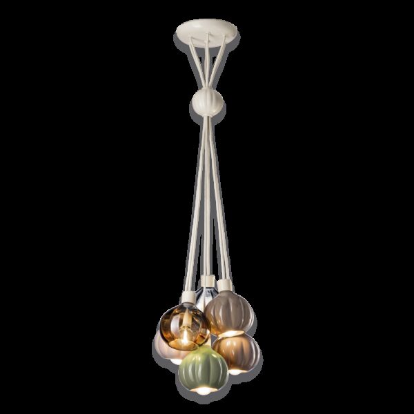 Suspension Afoxé avec 6 abat-jour en céramique et verre au design vintage par Ferroluce