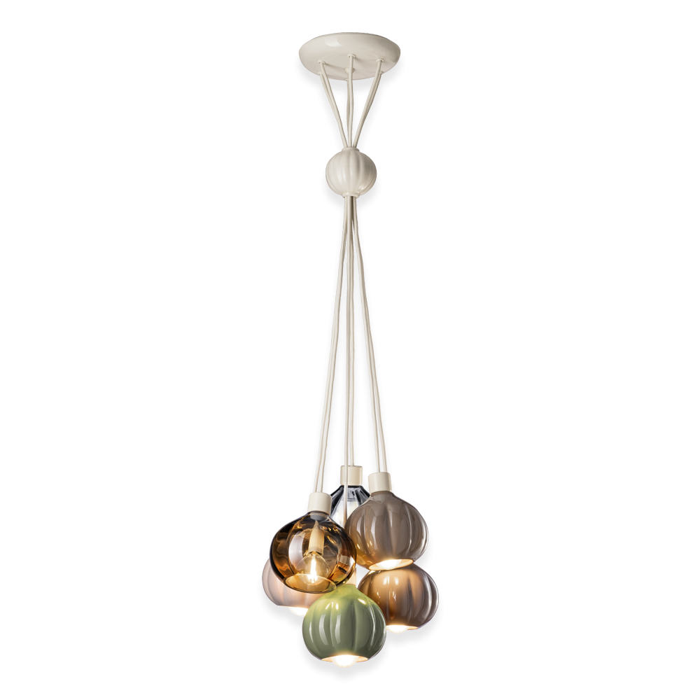 Suspension Afoxé avec 6 abat-jour en céramique et verre au design vintage par Ferroluce