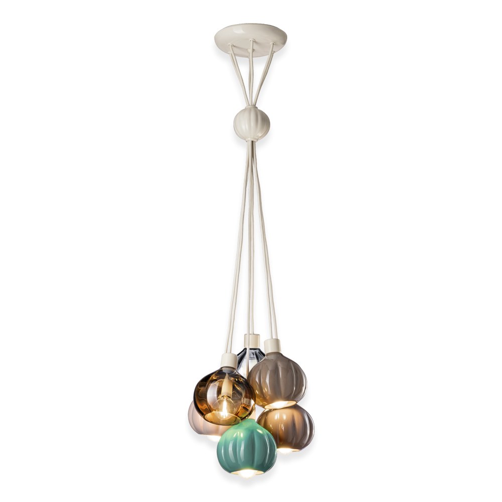 Suspension Afoxé avec 6 abat-jour en céramique et verre au design vintage par Ferroluce Suspension Afoxé avec 6 abat-jour en céramique et verre au design vintage par Ferroluce