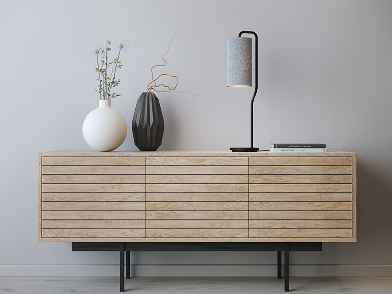 Lampe à poser Pensile avec base en acier et abat-jour cylindrique en laine au design contemporain par Belid Lampe à poser Pensile avec base en acier et abat-jour cylindrique en laine au design contemporain par Belid