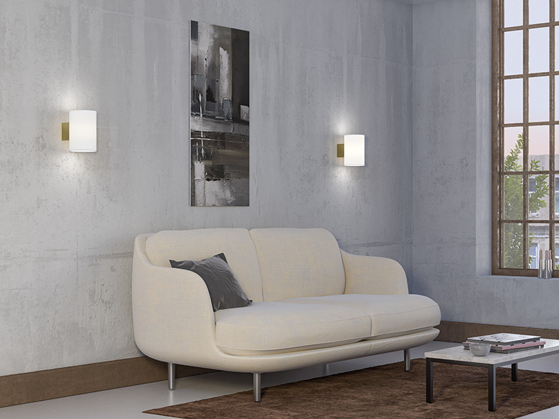 Applique Evoke base en métal avec abat-jour en verre opale au design contemporain par Herstal Applique Evoke base en métal avec abat-jour en verre opale au design contemporain par Herstal