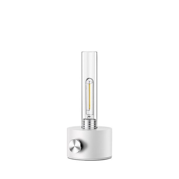 Lampe à poser Harbor base en métal avec abat-jour en verre de forme cylindrique au design contemporain par Herstal
