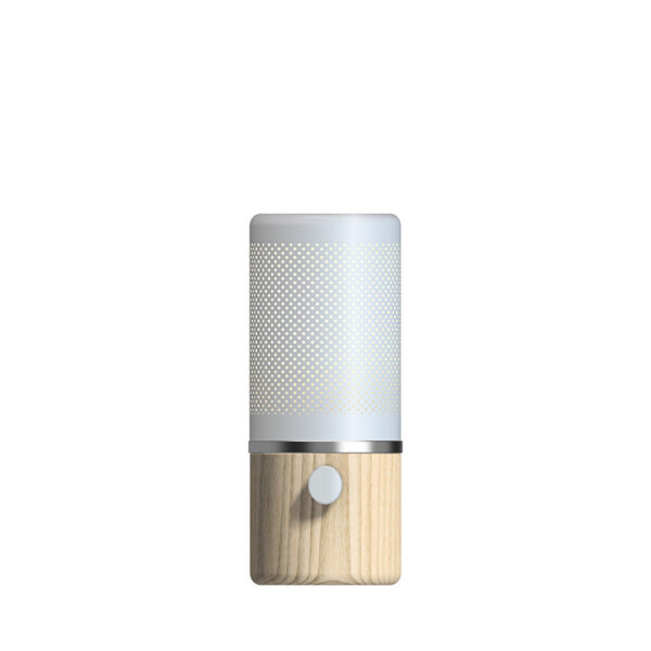 Lampe à poser Jazz base en métal et bois avec abat-jour cylindrique treillis sphérique au design contemporain par Herstal