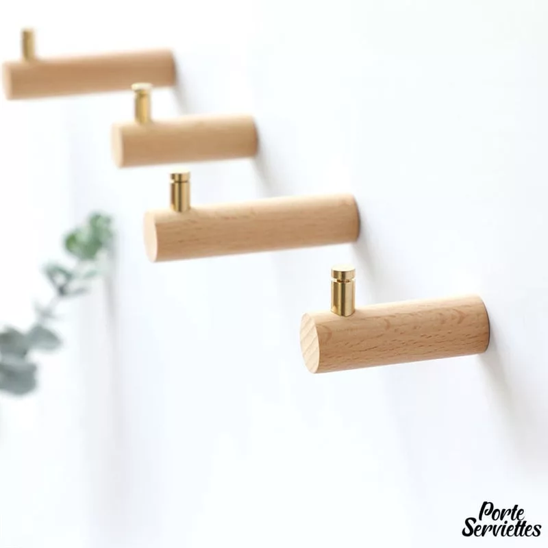 Patère murale Wood-Metal 2 au design chic en métal doré et en bois naturel