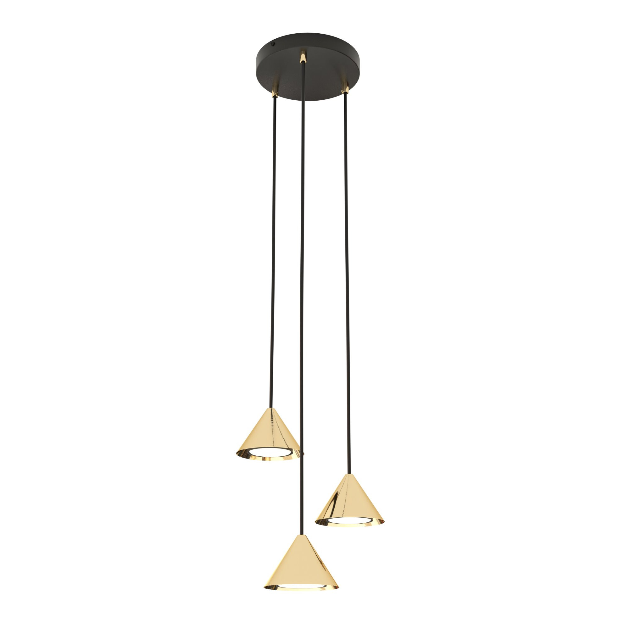 Suspension Elit avec une base en métal circulaire et des abat-jours en forme de cône au design contemporain par Emibig Suspension Elit avec une base en métal circulaire et des abat-jours en forme de cône au design contemporain par Emibig