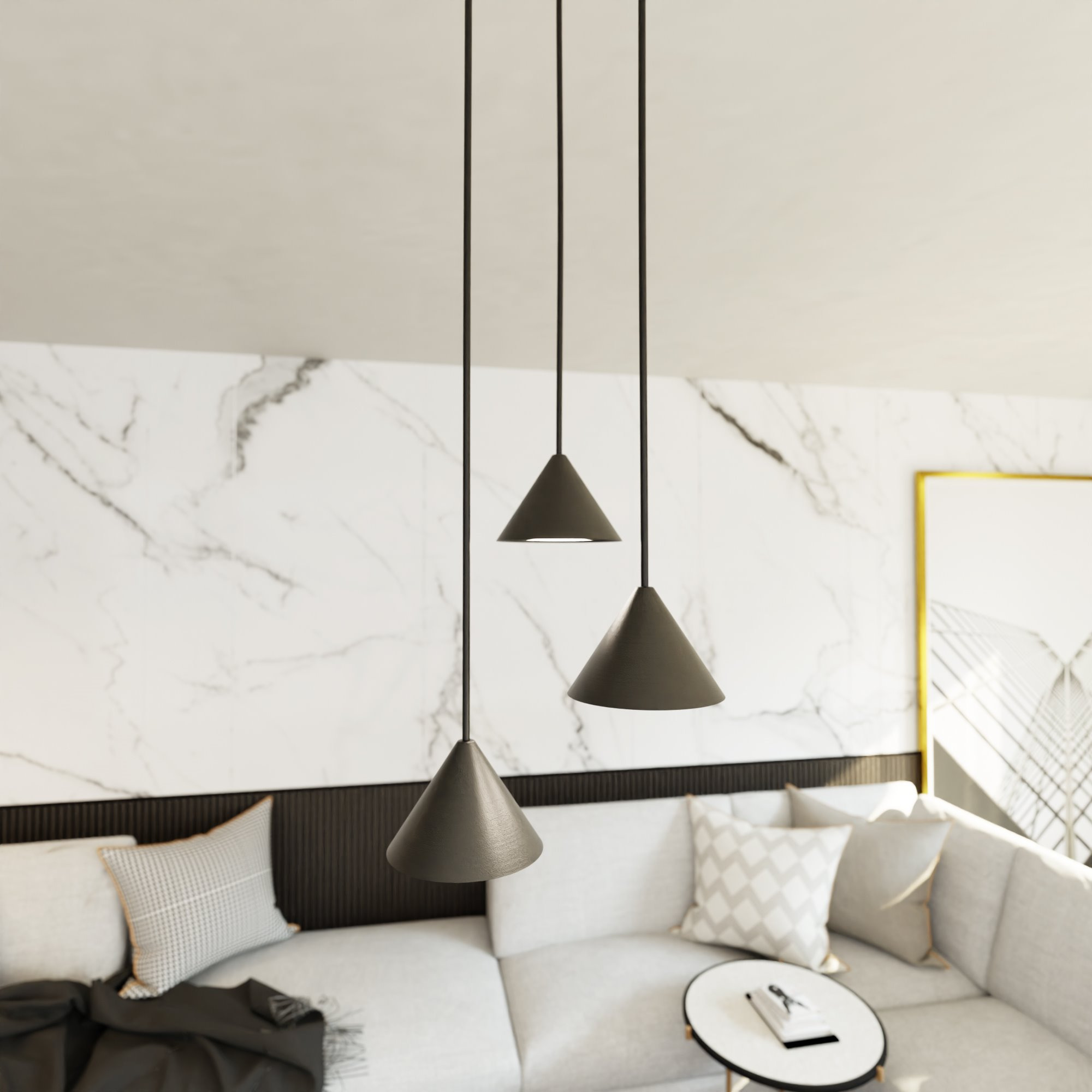 Suspension Elit avec une base en métal circulaire et des abat-jours en forme de cône au design contemporain par Emibig Suspension Elit avec une base en métal circulaire et des abat-jours en forme de cône au design contemporain par Emibig
