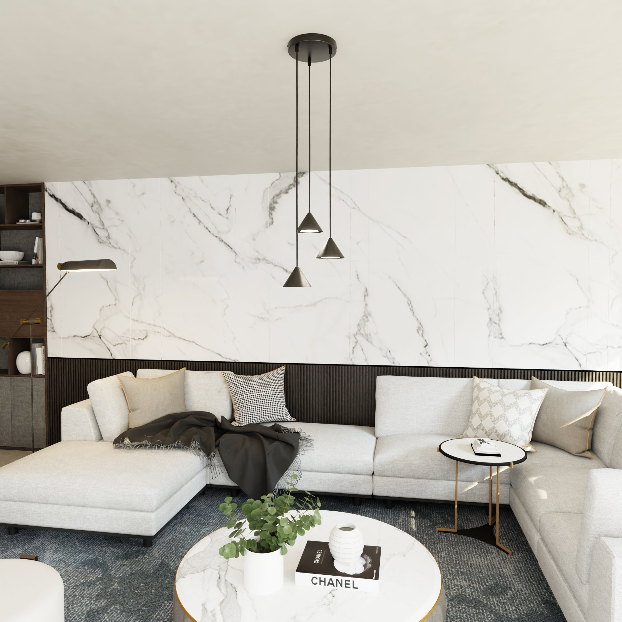 Suspension Elit avec une base en métal circulaire et des abat-jours en forme de cône au design contemporain par Emibig Suspension Elit avec une base en métal circulaire et des abat-jours en forme de cône au design contemporain par Emibig