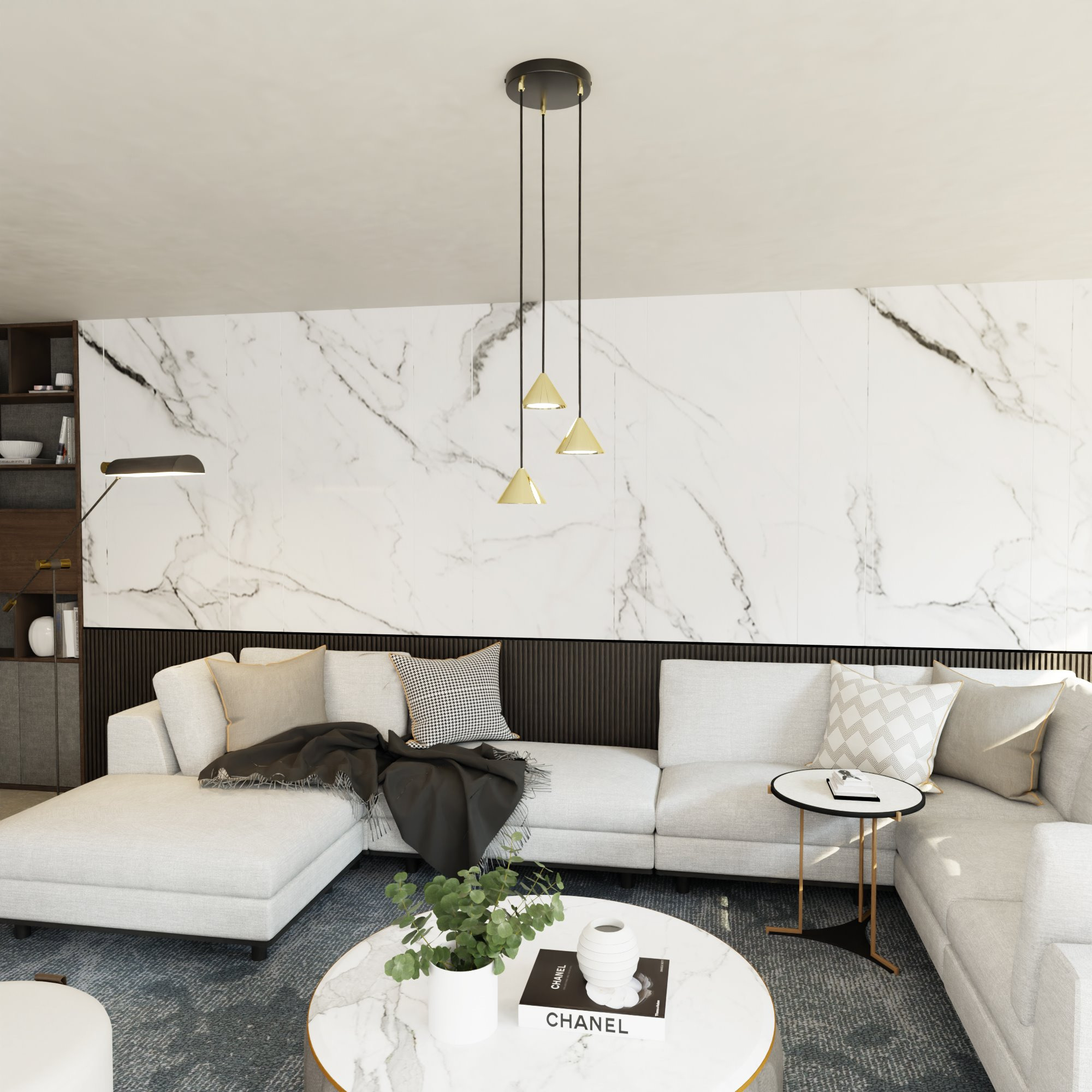 Suspension Elit avec une base en métal circulaire et des abat-jours en forme de cône au design contemporain par Emibig Suspension Elit avec une base en métal circulaire et des abat-jours en forme de cône au design contemporain par Emibig