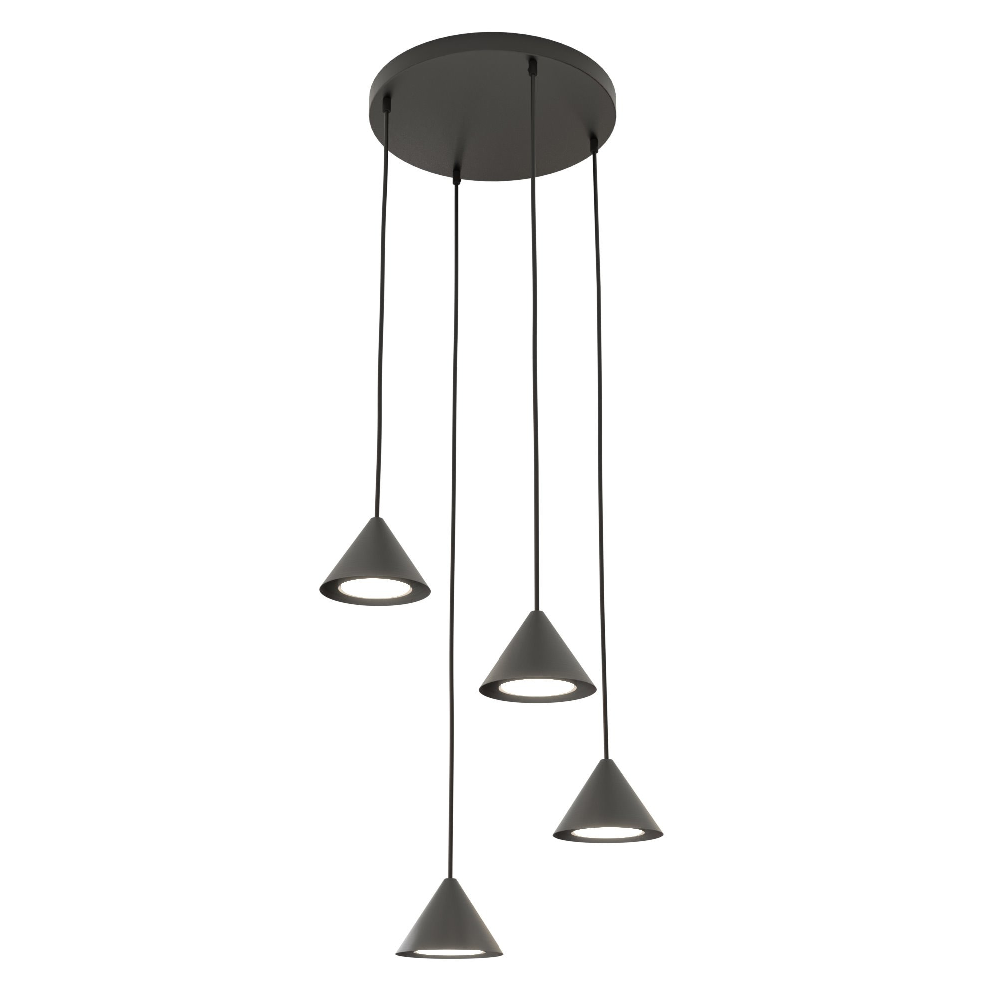 Suspension Elit avec une base en métal circulaire et des abat-jours en forme de cône au design contemporain par Emibig Suspension Elit avec une base en métal circulaire et des abat-jours en forme de cône au design contemporain par Emibig