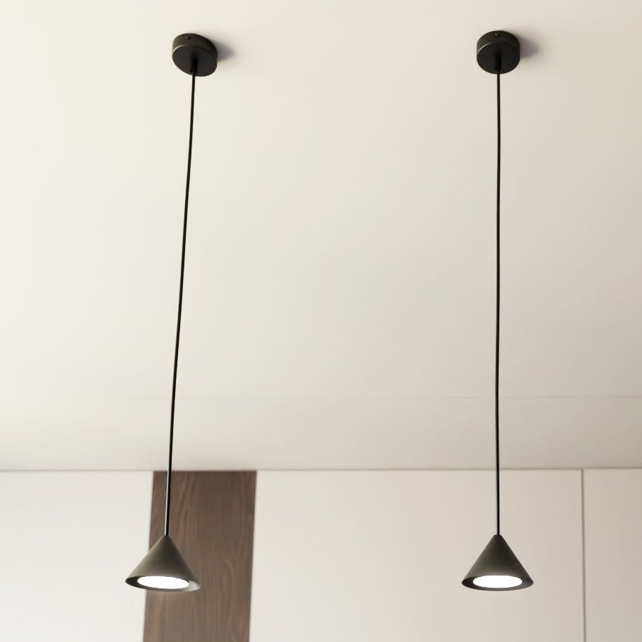 Suspension Elit avec une base en métal circulaire et des abat-jours en forme de cône au design contemporain par Emibig Suspension Elit avec une base en métal circulaire et des abat-jours en forme de cône au design contemporain par Emibig