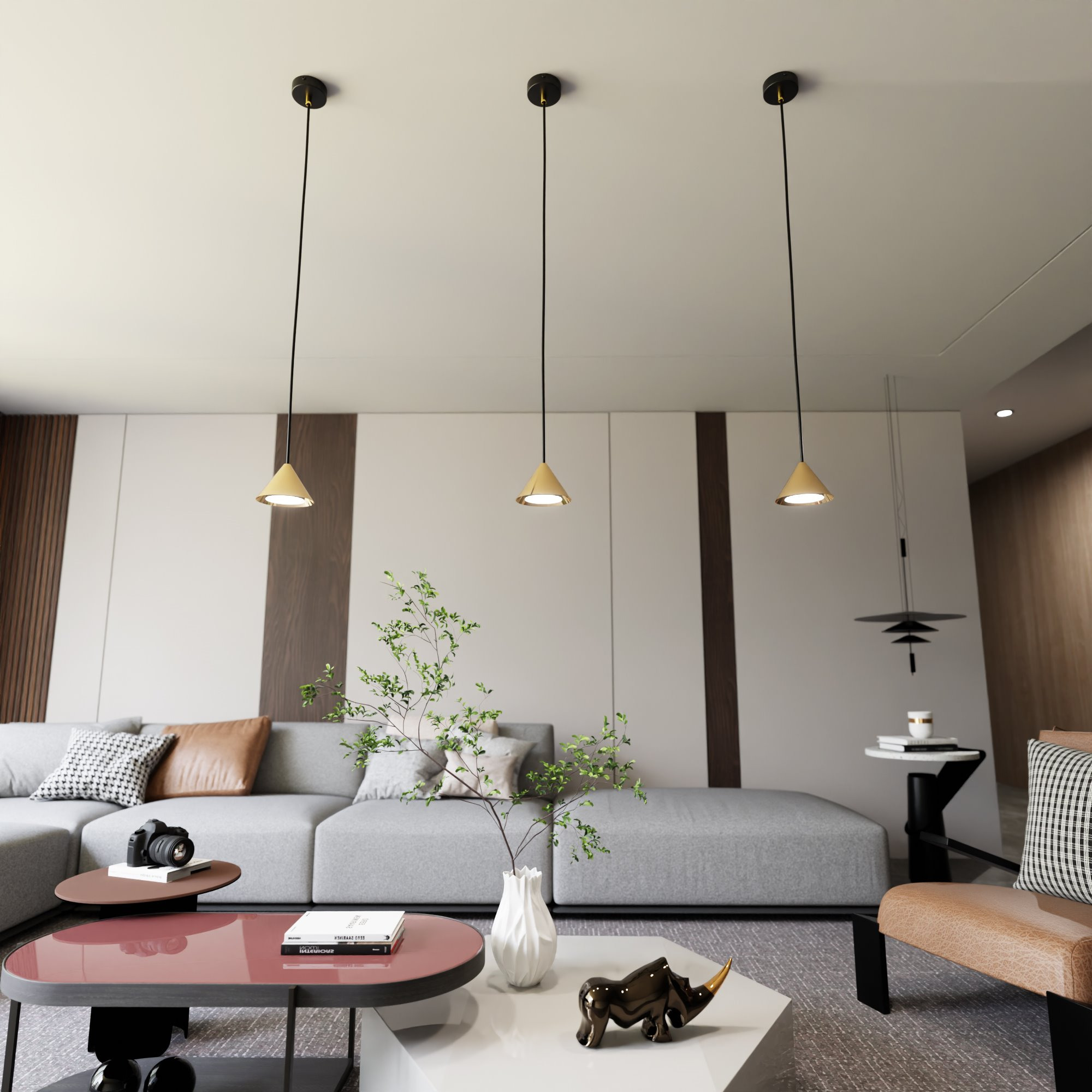 Suspension Elit avec une base en métal circulaire et des abat-jours en forme de cône au design contemporain par Emibig Suspension Elit avec une base en métal circulaire et des abat-jours en forme de cône au design contemporain par Emibig