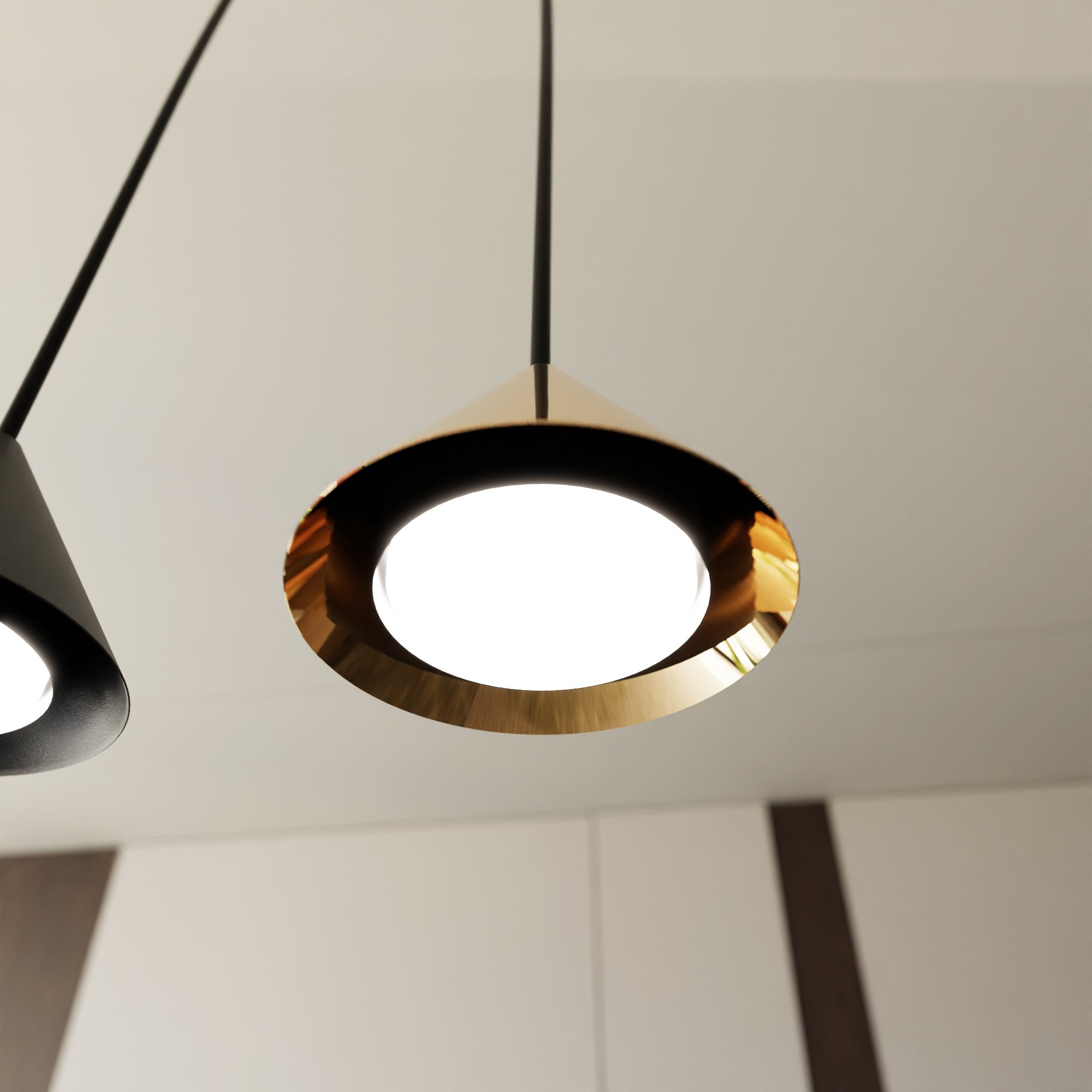 Suspension Elit avec une base en métal circulaire et des abat-jours en forme de cône au design contemporain par Emibig Suspension Elit avec une base en métal circulaire et des abat-jours en forme de cône au design contemporain par Emibig