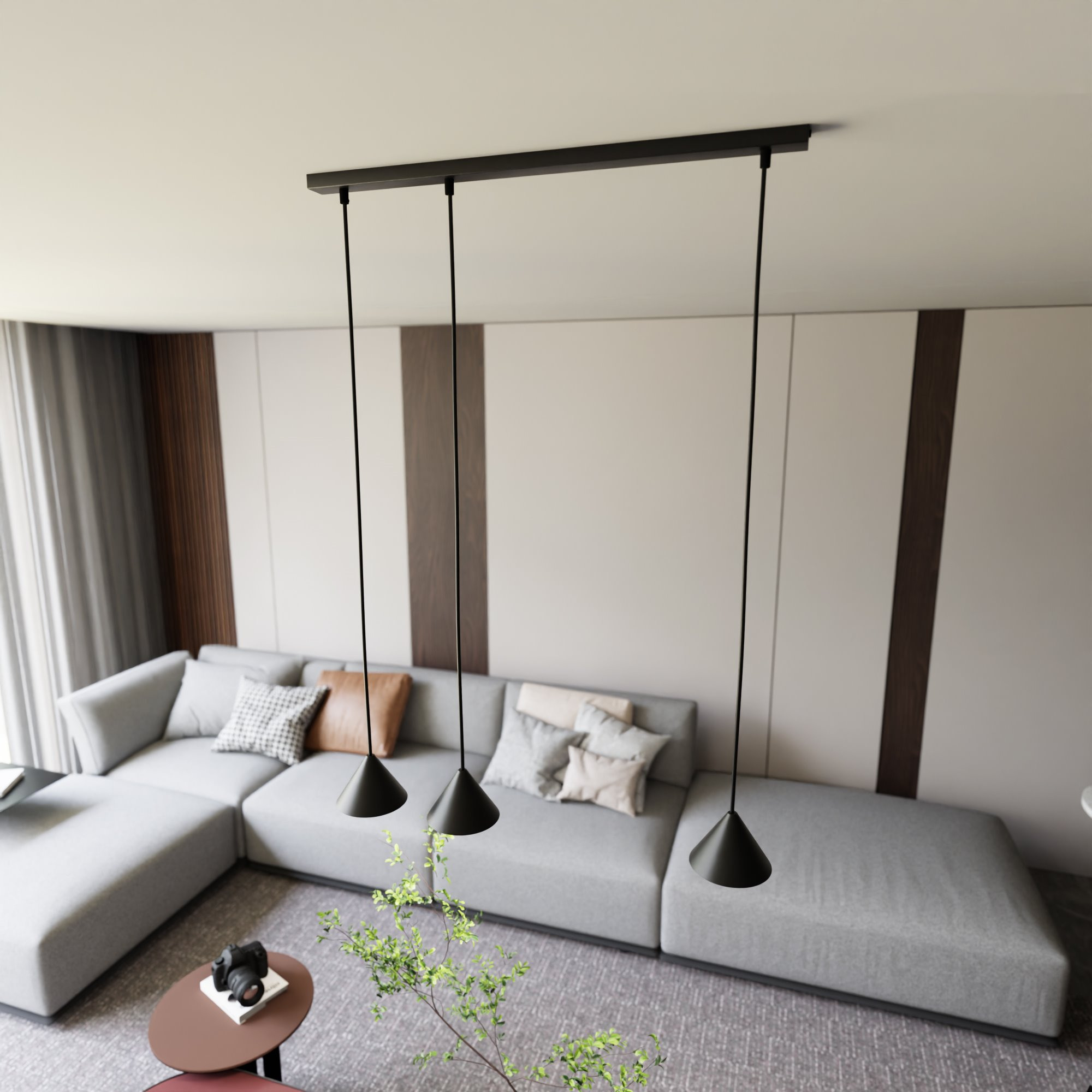 Suspension Elit avec base en métal linéaire et des abat-jours en forme de cône au design contemporain par Emibig