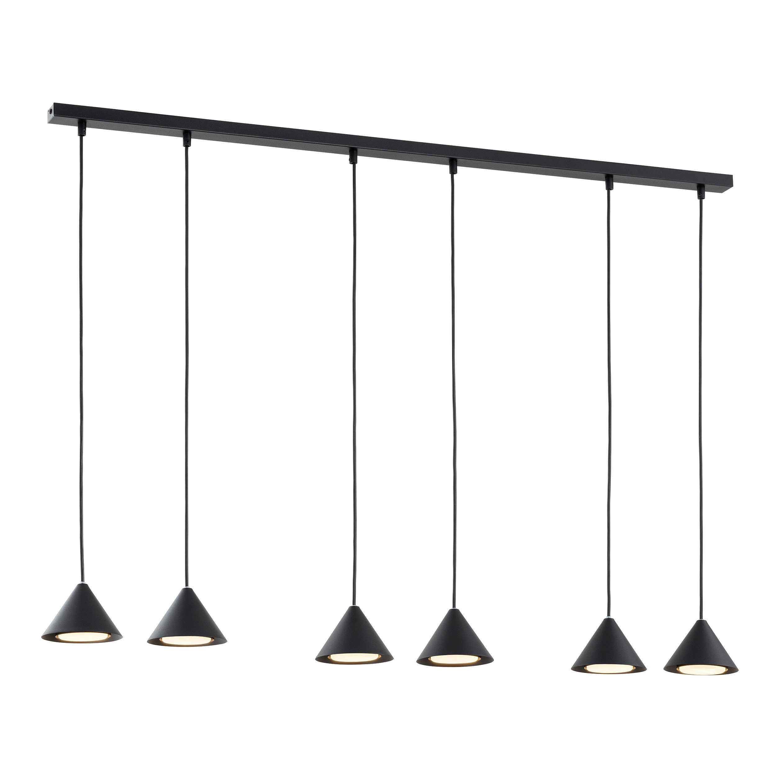 Suspension Elit avec base en métal linéaire et des abat-jours en forme de cône au design contemporain par Emibig Suspension Elit avec base en métal linéaire et des abat-jours en forme de cône au design contemporain par Emibig
