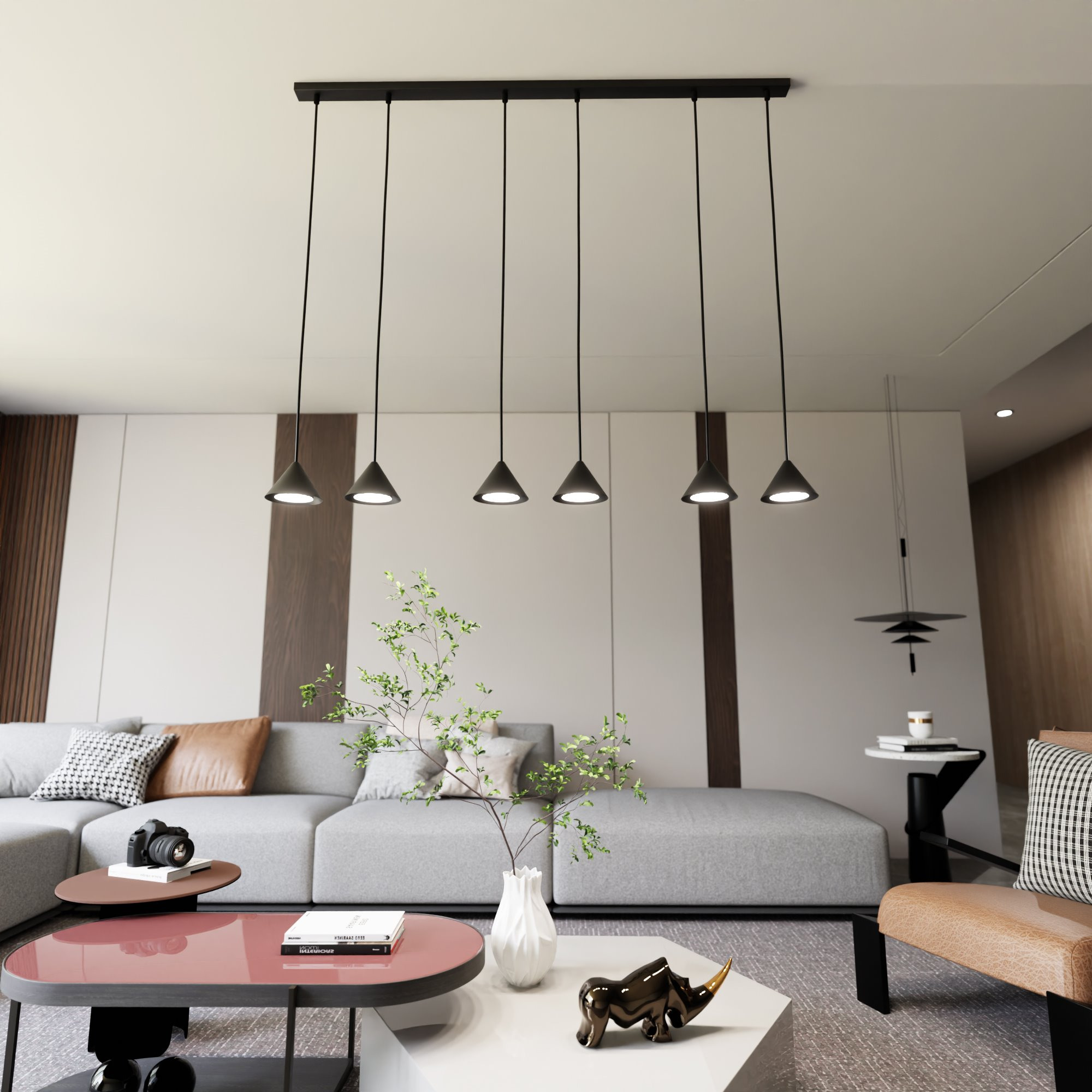 Suspension Elit avec base en métal linéaire et des abat-jours en forme de cône au design contemporain par Emibig Suspension Elit avec base en métal linéaire et des abat-jours en forme de cône au design contemporain par Emibig