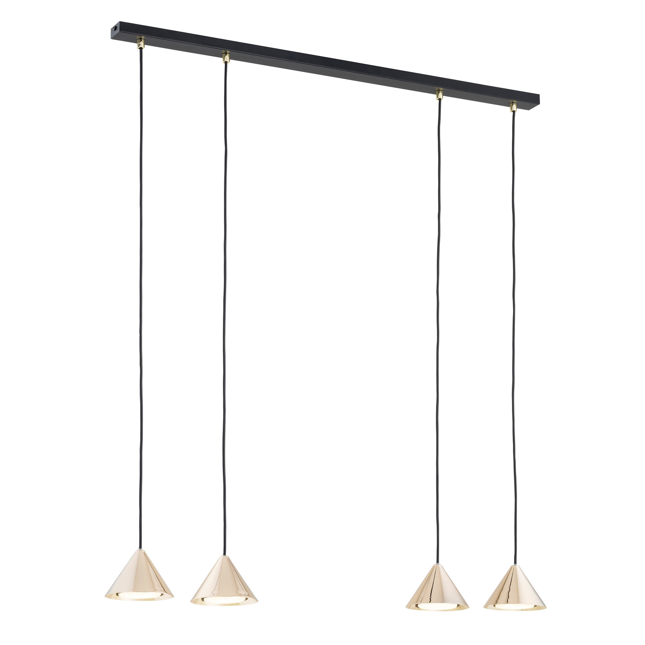 Suspension Elit avec base en métal linéaire et des abat-jours en forme de cône au design contemporain par Emibig Suspension Elit avec base en métal linéaire et des abat-jours en forme de cône au design contemporain par Emibig