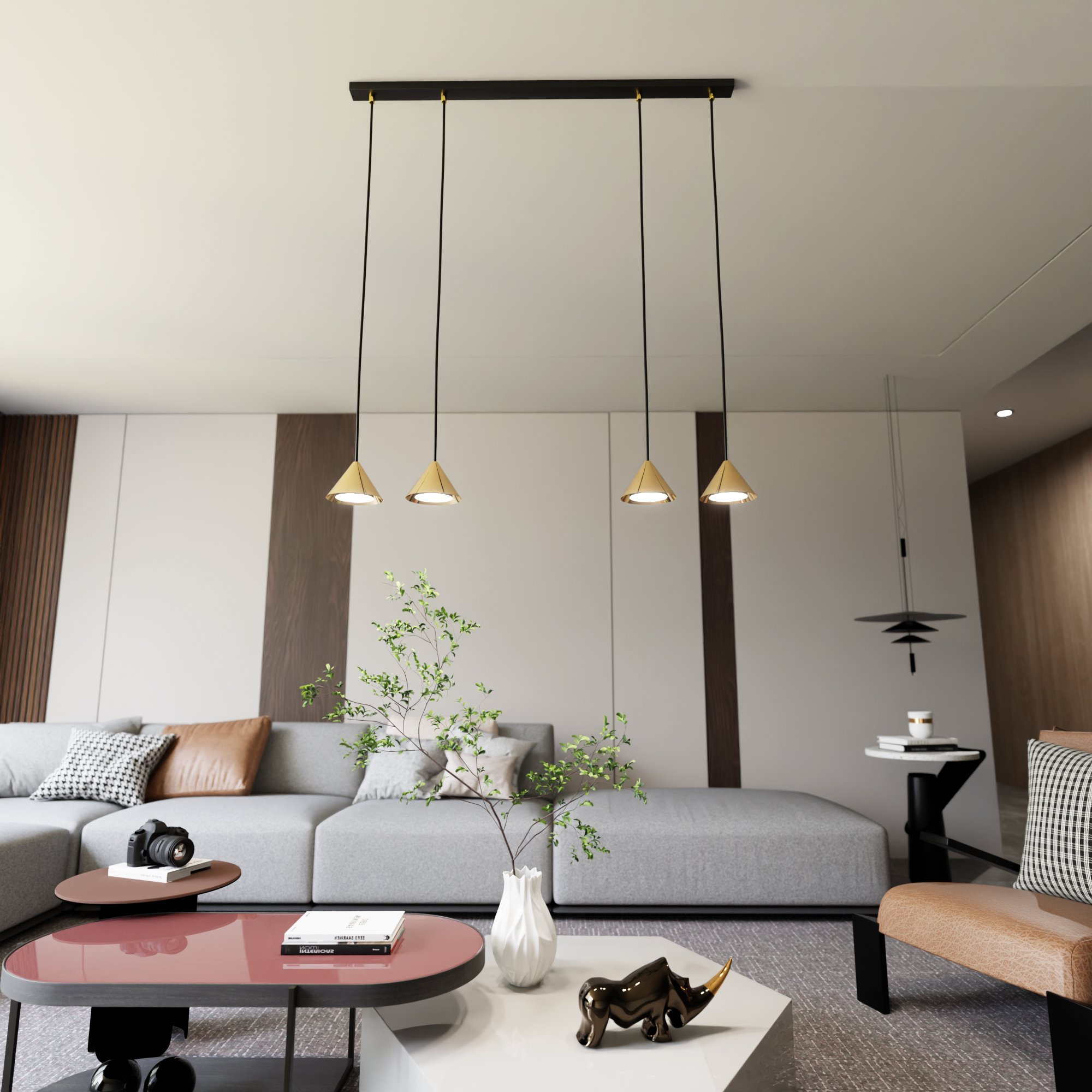 Suspension Elit avec base en métal linéaire et des abat-jours en forme de cône au design contemporain par Emibig Suspension Elit avec base en métal linéaire et des abat-jours en forme de cône au design contemporain par Emibig