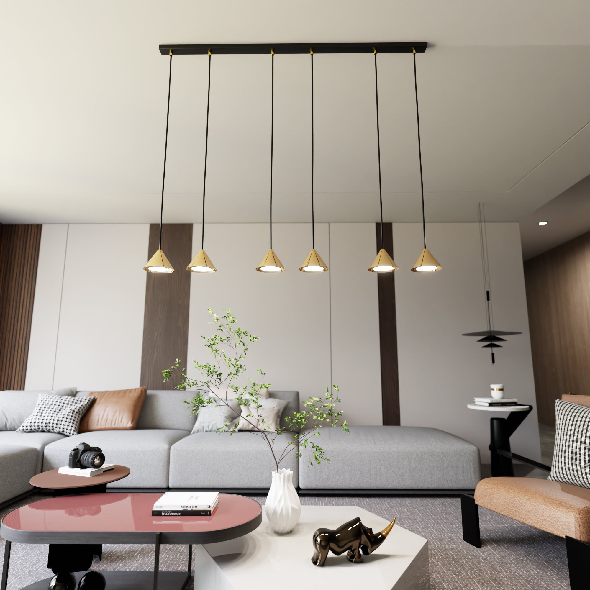 Suspension Elit avec base en métal linéaire et des abat-jours en forme de cône au design contemporain par Emibig Suspension Elit avec base en métal linéaire et des abat-jours en forme de cône au design contemporain par Emibig