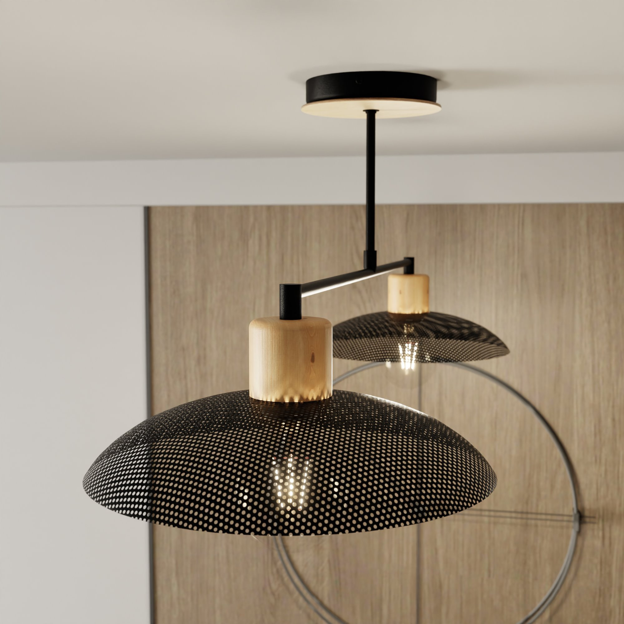 Plafonnier Scandinave Kobe base en métal avec design T inversé et bois au style contemporain par Emibig Plafonnier Scandinave Kobe base en métal avec design T inversé et bois au style contemporain par Emibig