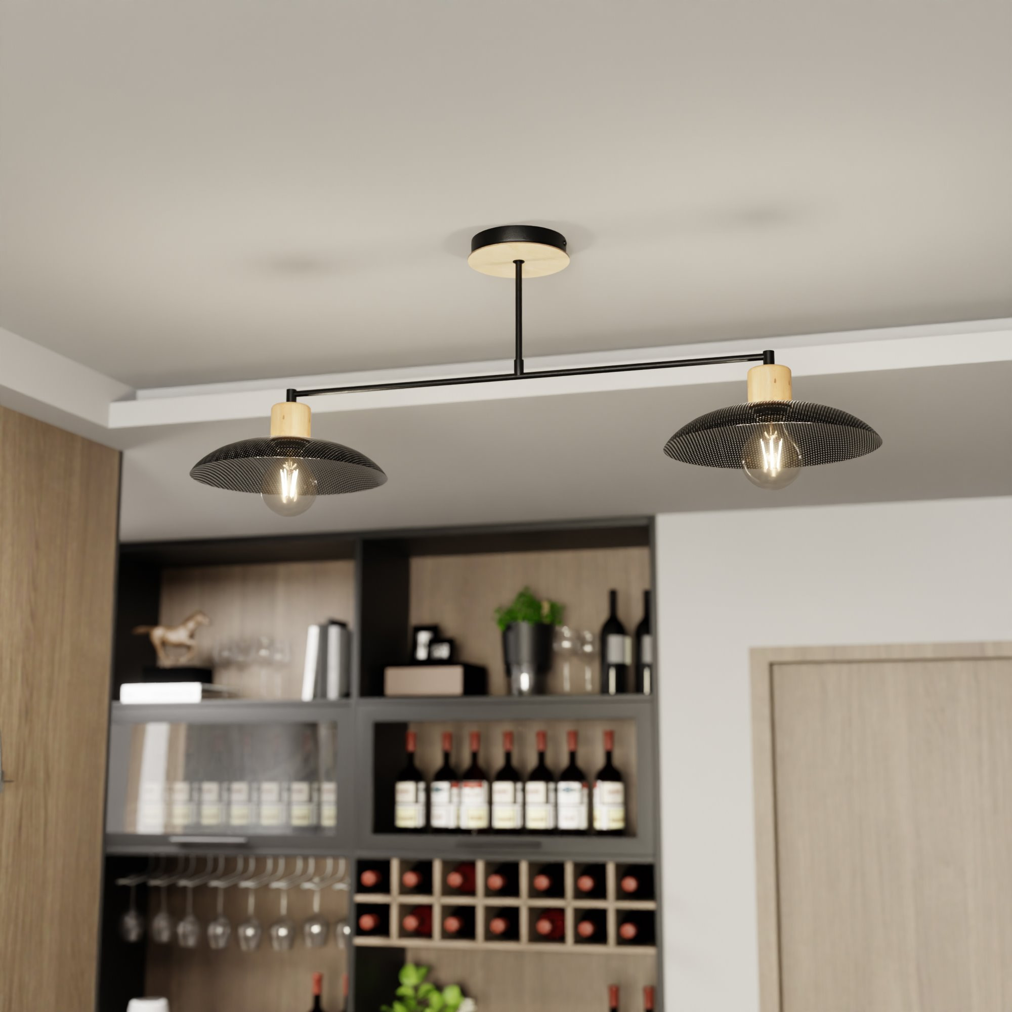 Plafonnier Scandinave Kobe base en métal avec design T inversé et bois au style contemporain par Emibig Plafonnier Scandinave Kobe base en métal avec design T inversé et bois au style contemporain par Emibig