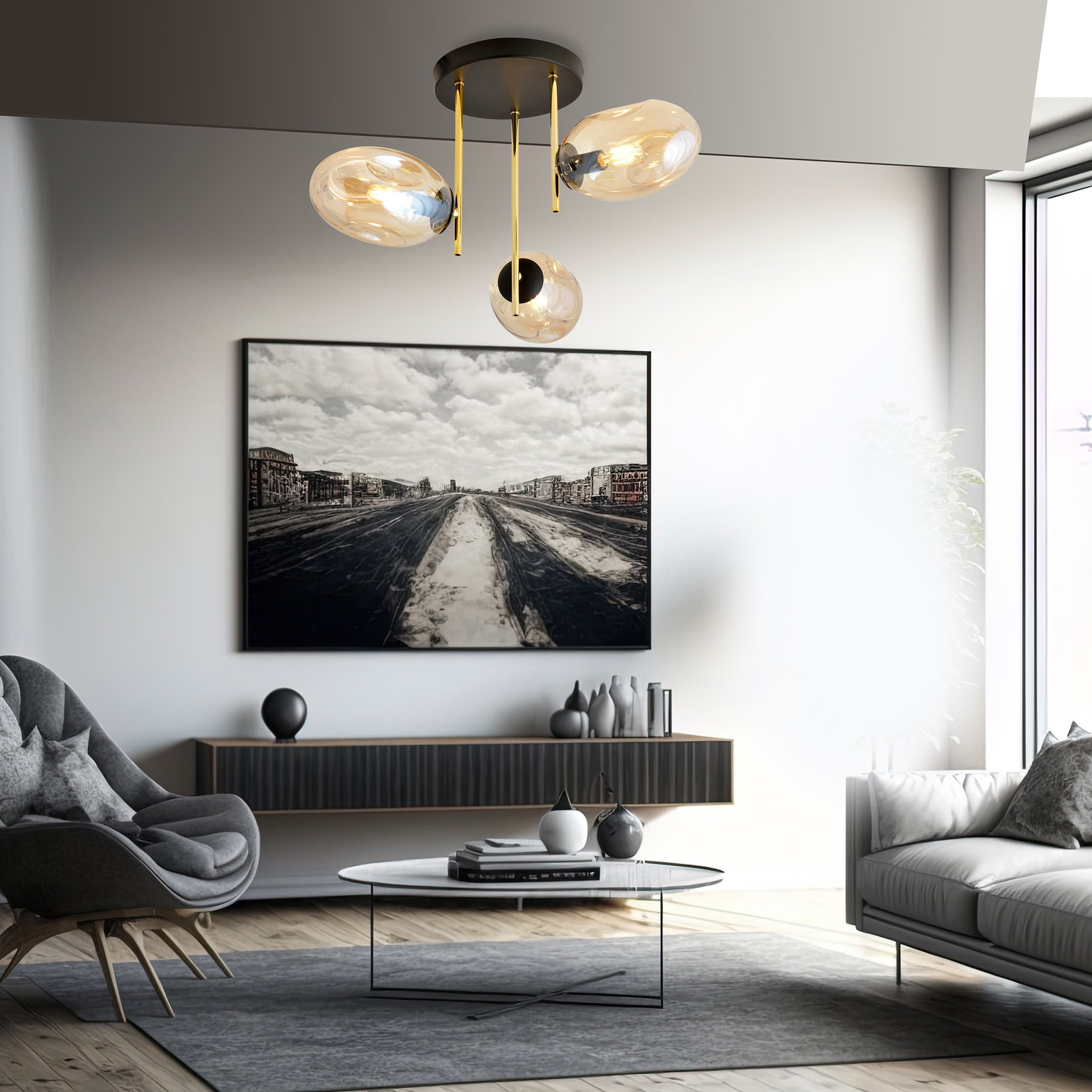 Plafonnier Argo avec base en métal et abat-jour en verre ovale au design contemporain par Emibig Plafonnier Argo avec base en métal et abat-jour en verre ovale au design contemporain par Emibig