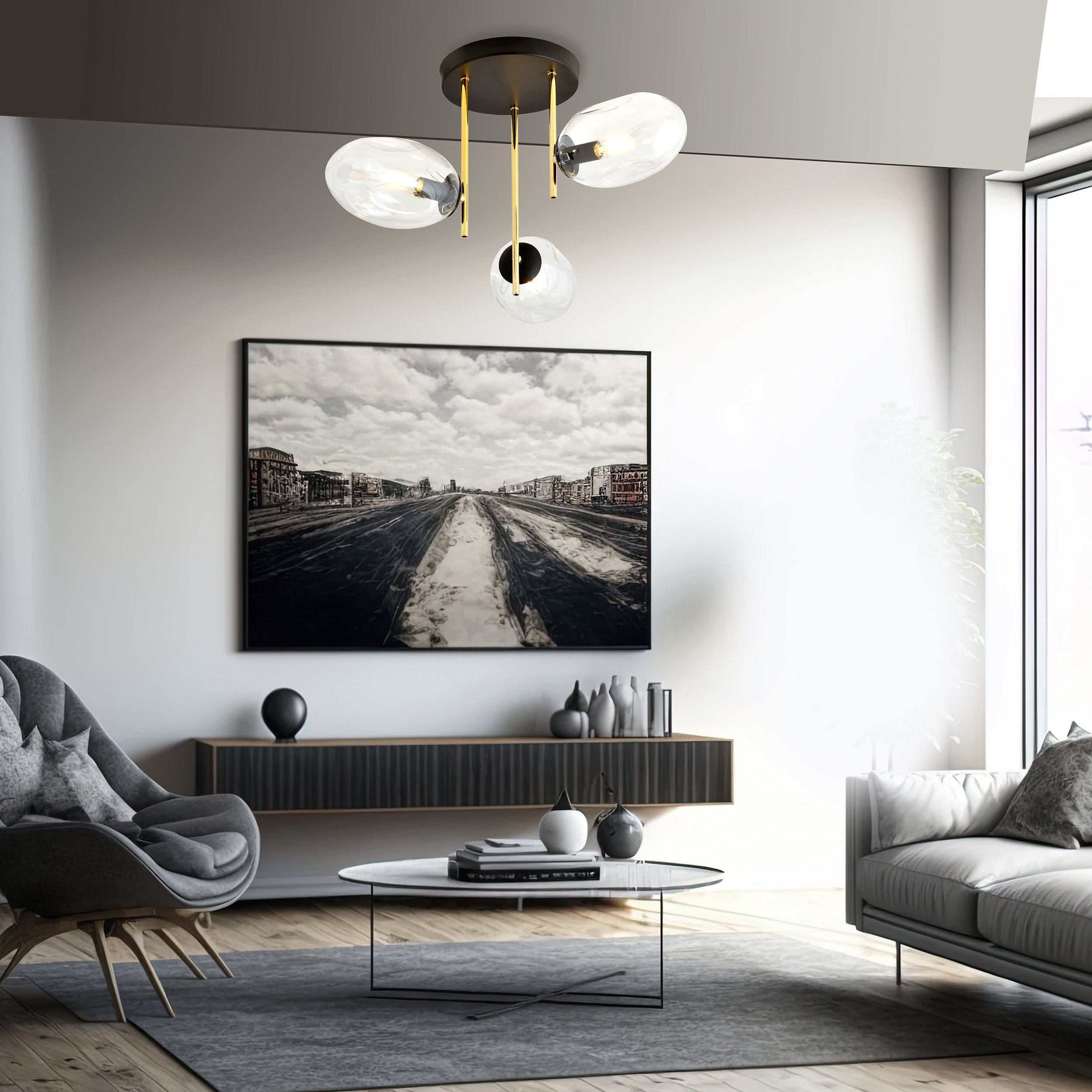 Plafonnier Argo avec base en métal et abat-jour en verre ovale au design contemporain par Emibig Plafonnier Argo avec base en métal et abat-jour en verre ovale au design contemporain par Emibig