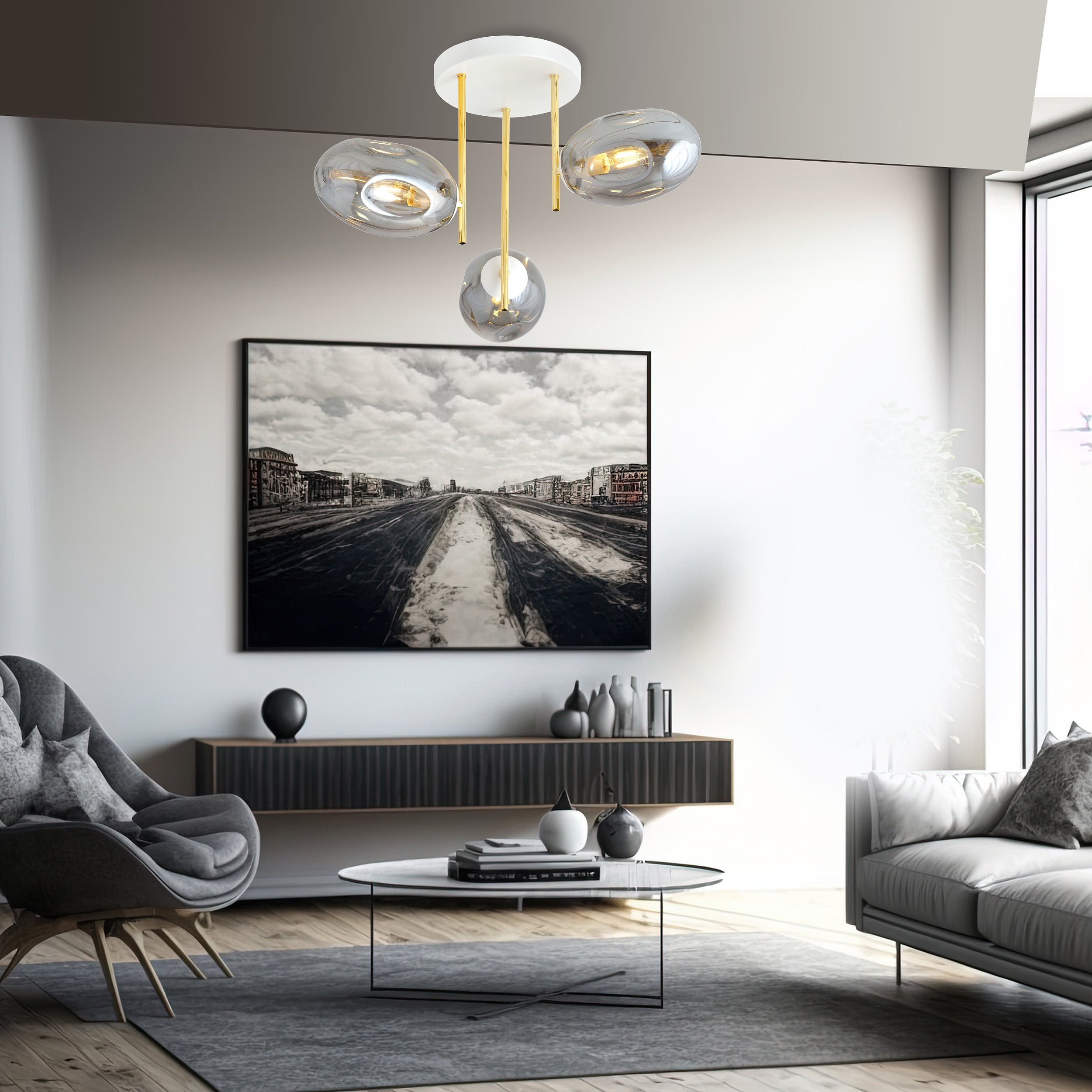 Plafonnier Argo avec base en métal et abat-jour en verre ovale au design contemporain par Emibig Plafonnier Argo avec base en métal et abat-jour en verre ovale au design contemporain par Emibig